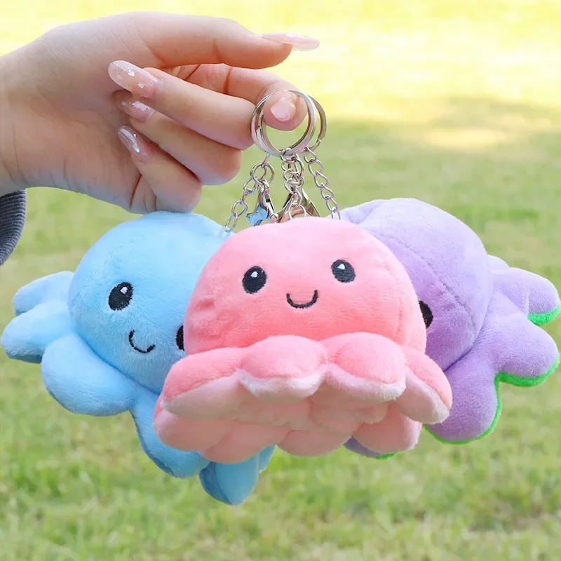 Keychain Fluffy Flip Double Face Animal Plush Toy Reversed Colorful Rabbit Octopus Cosplay Plushie Peluche Cuddly Boy Girl Gifts