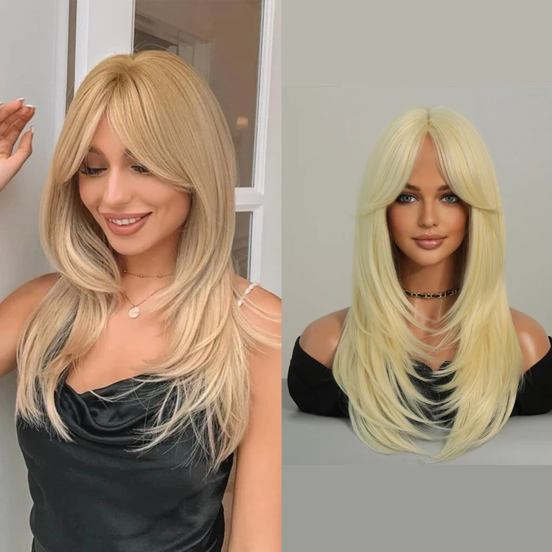 

Long Layered Straight Wig With Bangs Blonde Layered Wig Synthetic Middle Part Layered Natural Straight For Woman Daily Use