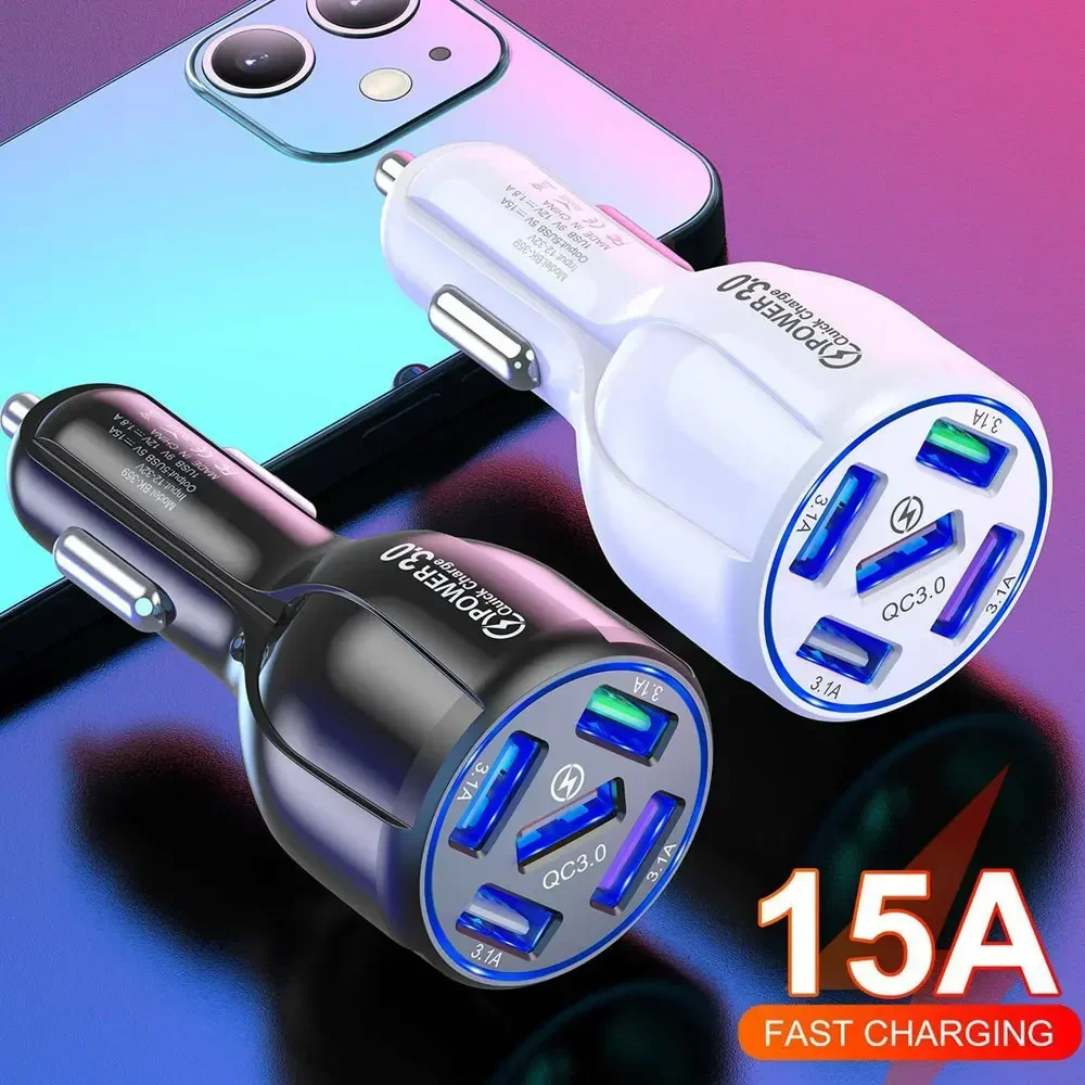 

1pc Mini 5 Ports USB Car Charger LED Quick Fast Charging Mobile Phone Charger Adapter Car Accessories for IPhone12 Xiaomi Huawei