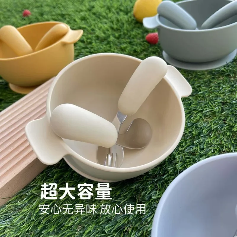 

Детская силиконовая миска с двумя ушками, набор детской столовой посуды из нержавеющей стали 316, вилка, ложка, столовая посуда для дома, устойчивая к падениям