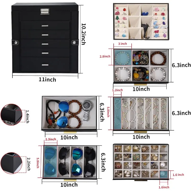 6-Layer Large Jewelry Box with Mirror – Multifunctional Jewelry Organizer with 5 Drawer... - SKU JBM08509 - UGI Packaging