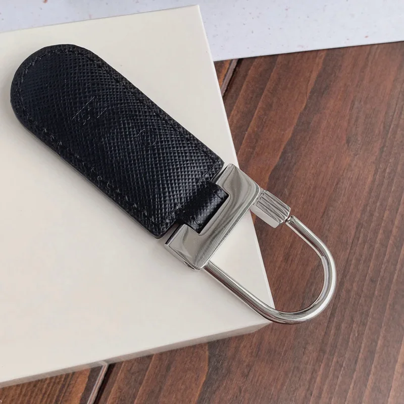 PJS Luxury MB Blue Black Cross & Lychee Patterns Leather Key Chain 316 Stainless Steel U-shaped Ring Classic Keychain With Box