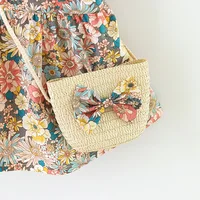 2 Pcs Summer New Baby Girl Dress Fashionable Floral Fly Sleeve Cotton Dress with Crossbody Bag Suitable for Babies Aged 0-3 6