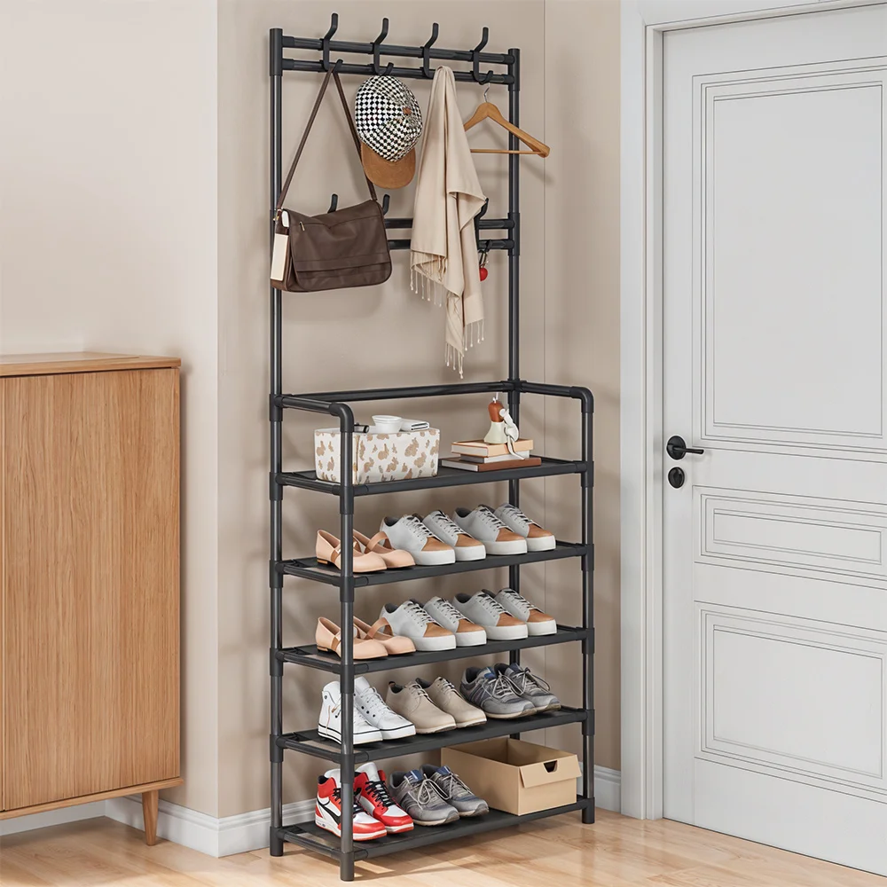 Metal Coat Hat Rack, Coat Garment Rack With Shoe Storage, Freestanding Clothes Stand with 5 Layer Non Woven Fabric Shelves and 8
