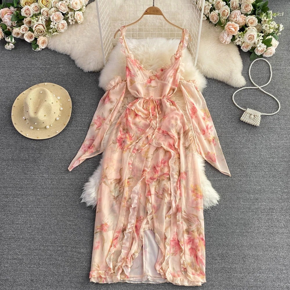 

Feminine Suspender Dress with High-end Tea Break French V-neck Lotus Leaf Print Waist Slim Dress