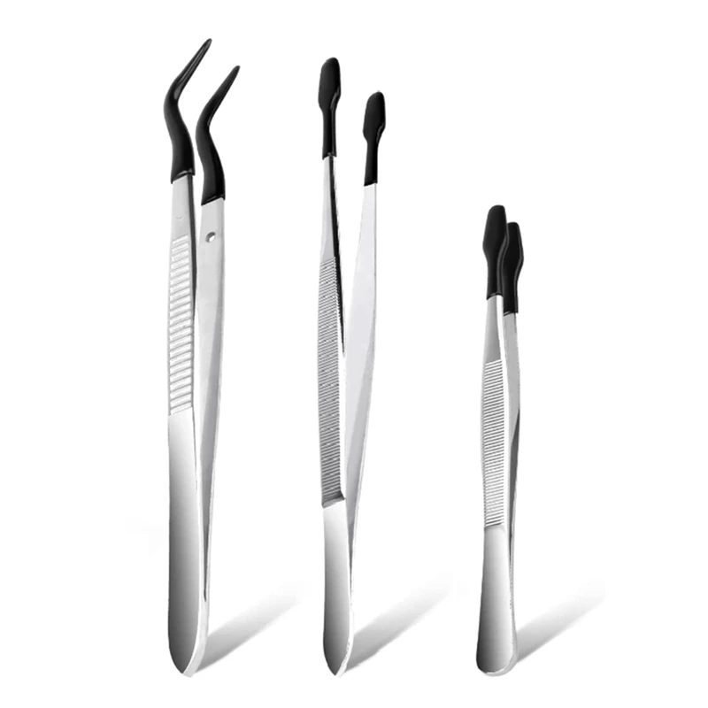 

3 Pcs Tip Tweezers With Rubber Non-Marring Silicone Tipped Tweezers Rubber Bent Tip Flat Tweezers Lab Tweezers