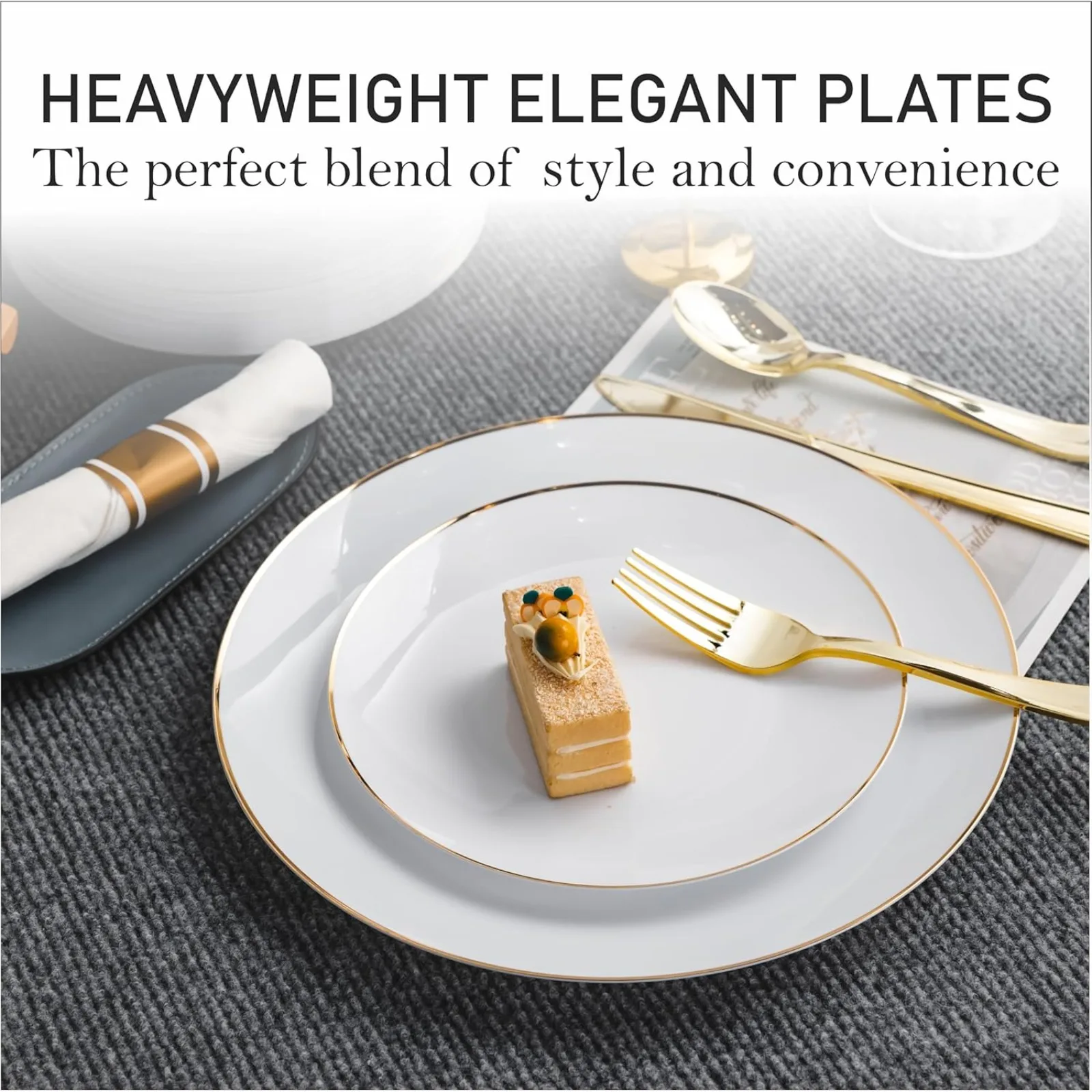 US 100 PCS Disposable Plastic White Plates Combo 50 7.5 In. Gold Rim Appetizer/Dessert Plastic Plates And 50 10 In. Gold Rim
