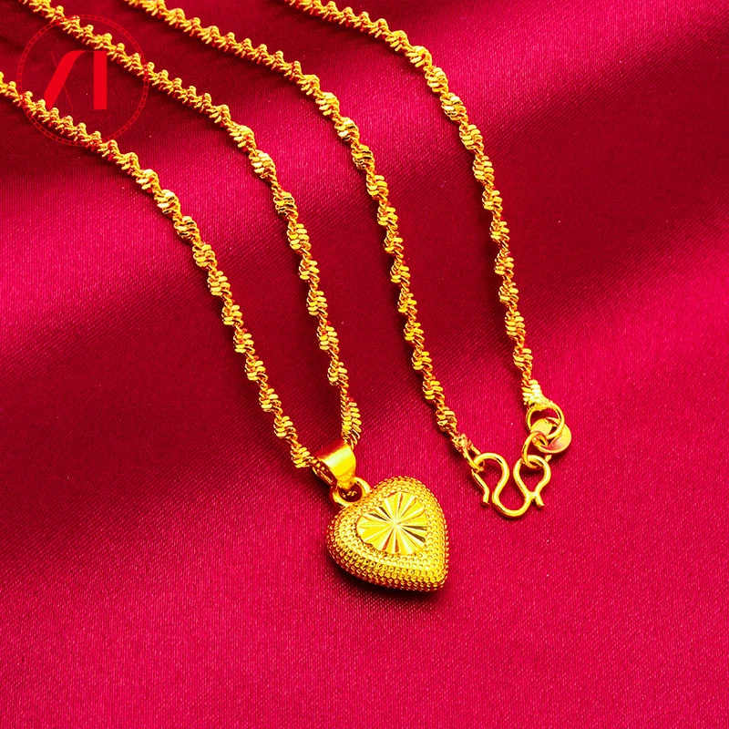 

24K Pure Gold Color Necklace Charm Plating Heart Shaped Pendant Clavicle Chain For Women Valentine's Day Wedding Fine Jewelry