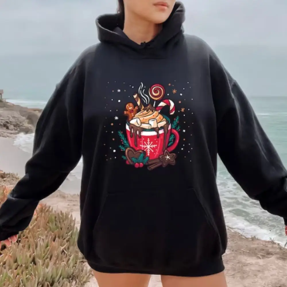 Christmas Hot Cocoa Sweatshirt Winter Casual Hoodie Funny Long Sleeve Sweater Xmas Party Hooded Pullover