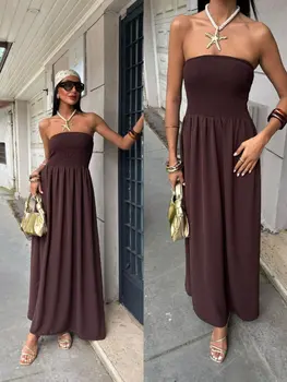 2026 New Summer Fashion Solid Color Off-Shoulder Strapless Waist-Cinching Long Dress for Women 1