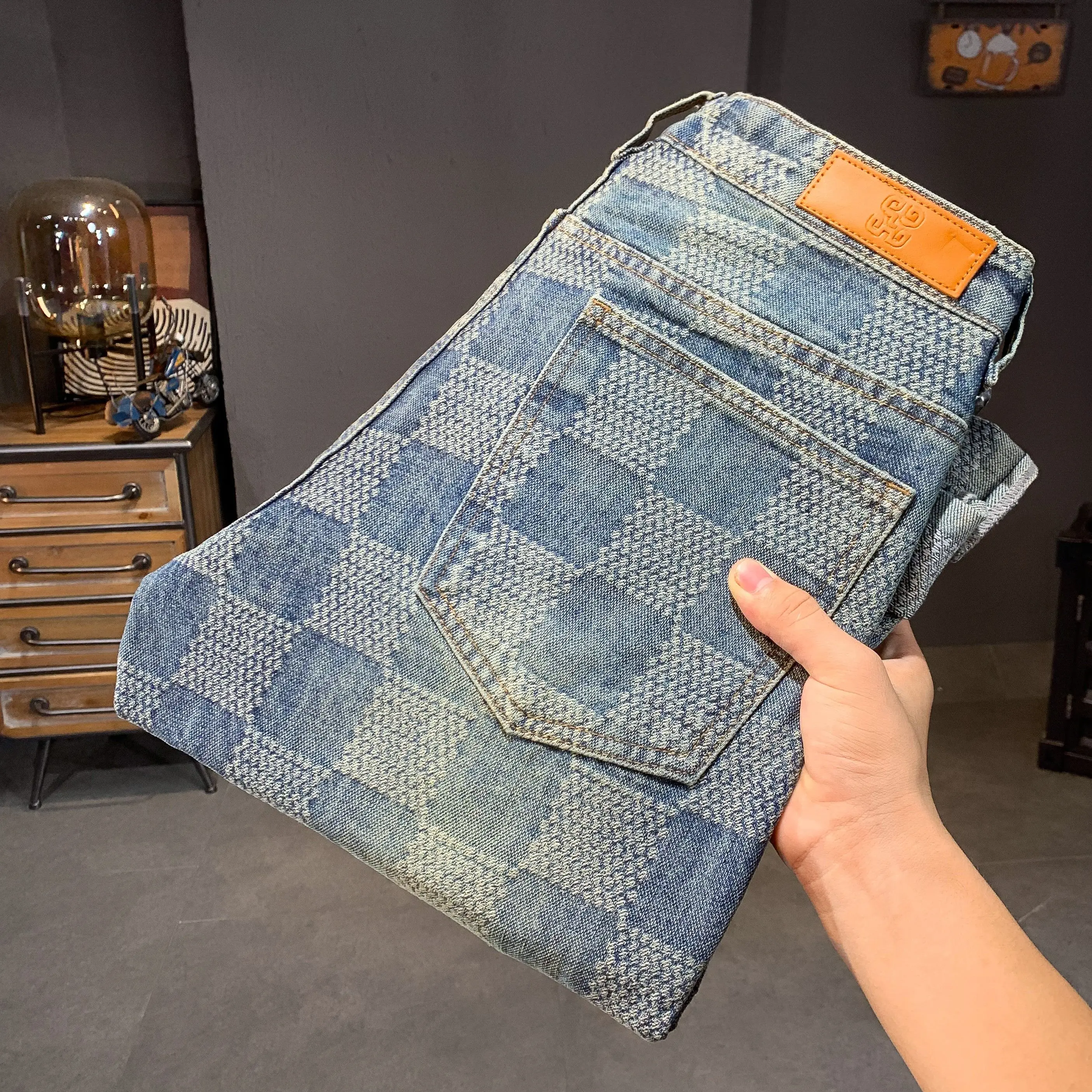 Spring & Fall Fashion Denim Pants Male Straight Leg Loosen Fit Plaid Pattern Cotton Jeans Men 2