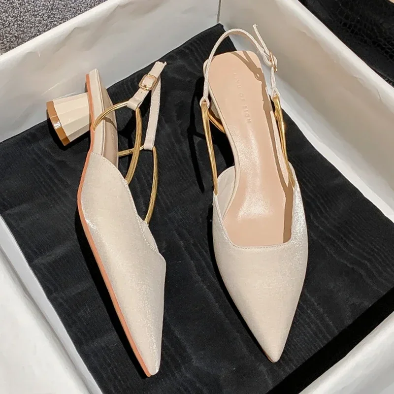 Summer Pointed Toe Silk Pumps Women Back Strap Buckle Thick Heels Sandals Woman Shallow Mouth Party Shoes Ladies