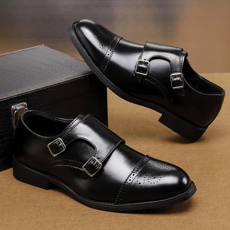 WAERTA Classic Double Buckle Men's Block Low Top Leather Shoes Fashionable Business Banquet Party Brown Pointed Leather Shoes mens brogue shoes