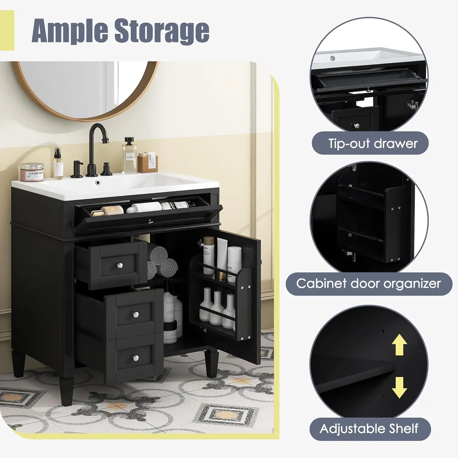 30" Bathroom Vanity with Single Sink Combo, Modern Undermount Bathroom Sink Cabinet with 2 Drawers and a Tip-Out Drawer 4
