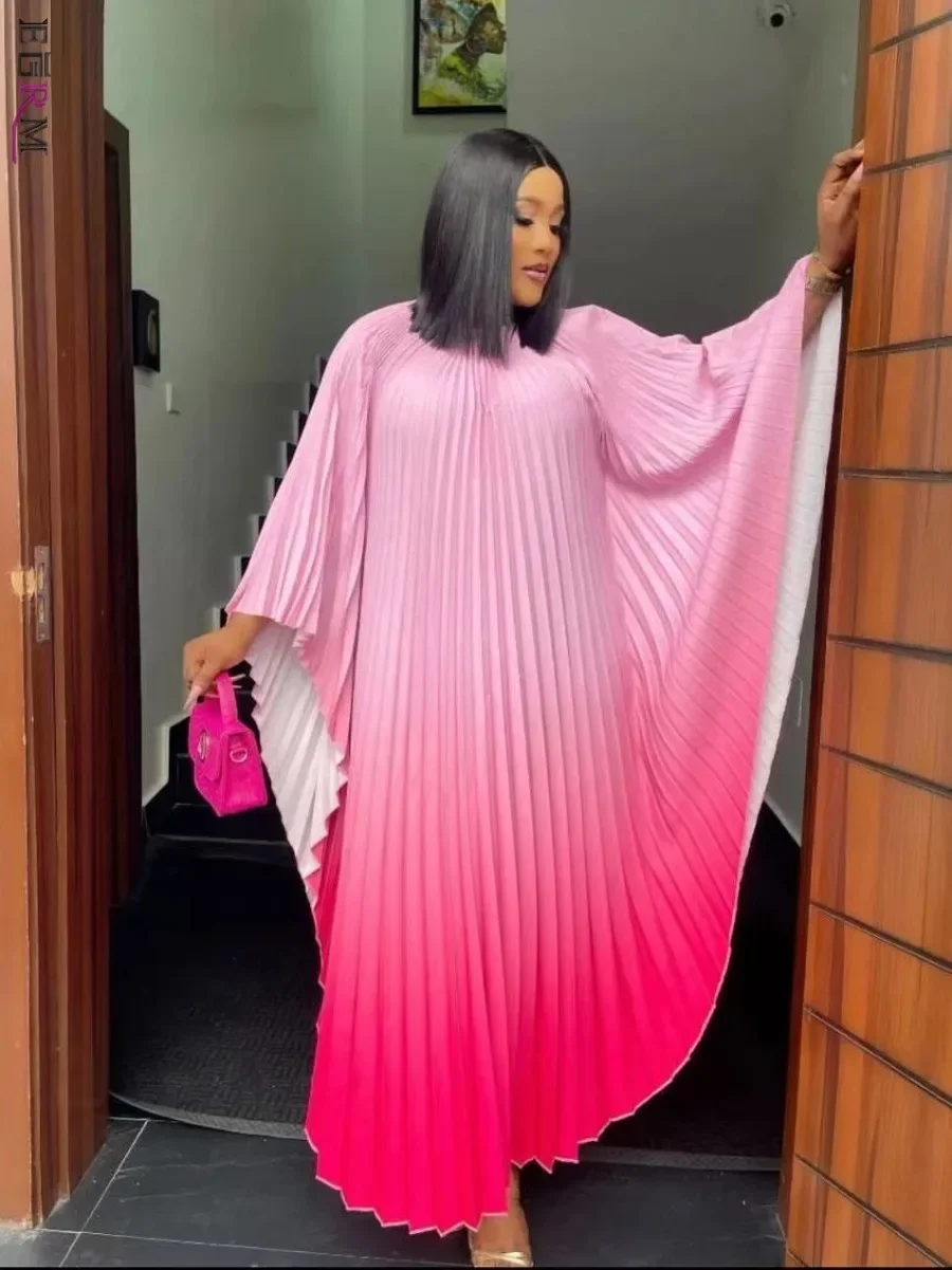 

EGRM Miyake Pleated Women Dress Fashion Gradient O-Neck Batwing Sleeve Irregular Maxi Long Dresses 2023 Summer New 0EG9516