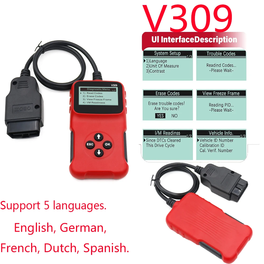 Car Diagnostic Tool For V309 Obd2 Car Check Engine Code Reader Fault Light For Cars Professional Support Multi Language