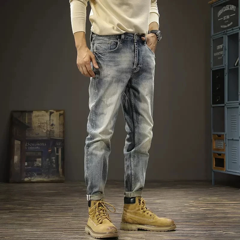 Italian Style Fashion Men Jeans Retro Gray Blue Elastic Slim Fit Ripped Jeans Men Trousers Vintage Designer Denim Pants Hombre italian style fashion men jeans retro blue gray elastic slim ripped jeans men patchwork designer hip hop splashed denim pants