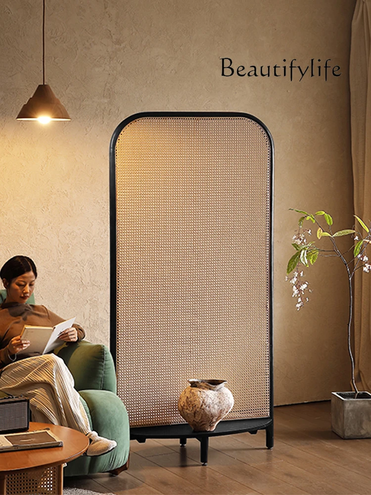 

Japanese-Style Solid Wood Rattan Hallway Partition Screen Living Room Shelf