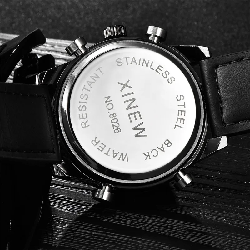 Original XINEW Brand Dual Time Watches For Men Fashion Leather Band Multi-function Sports Chronograph Watch Relogio Masculino