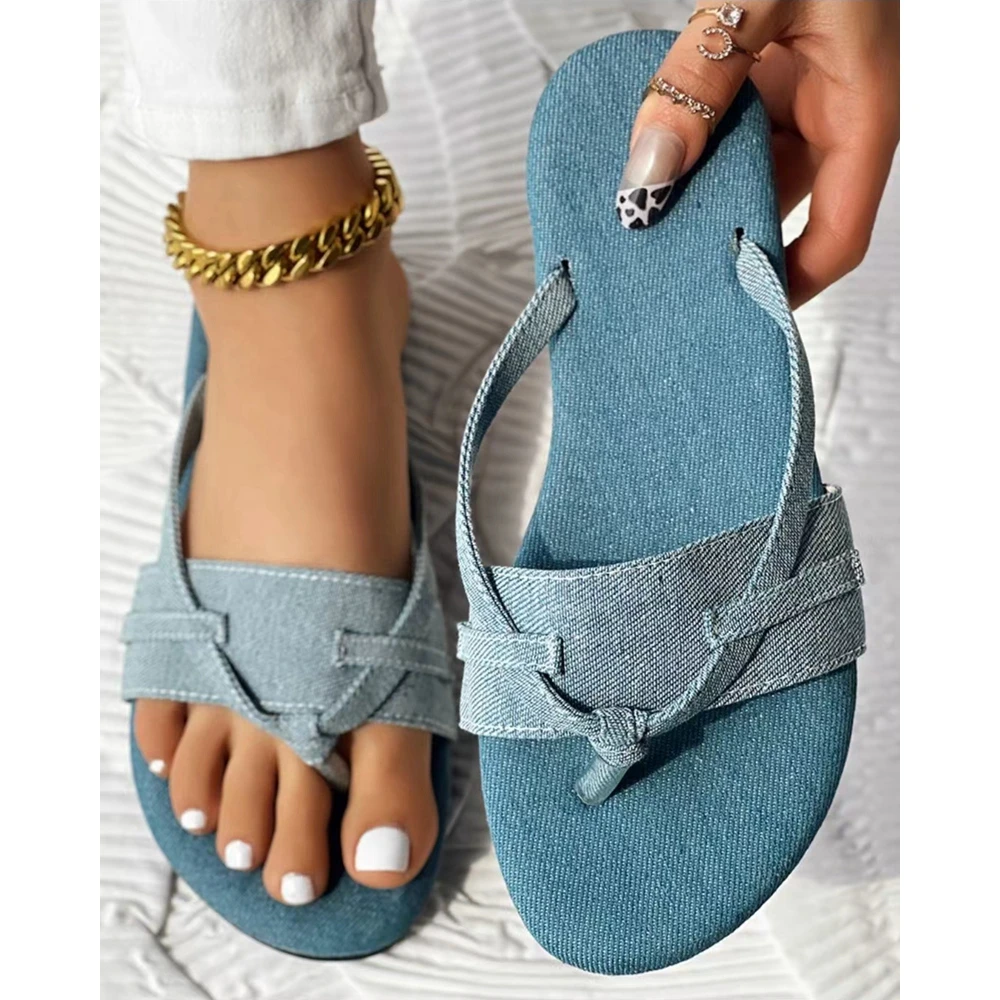 Summer New Style Flip Flops Wide Strap Slippers Women Casual Denim Flats Outdoor Shoes Femme Going Out Beach Summer Flats