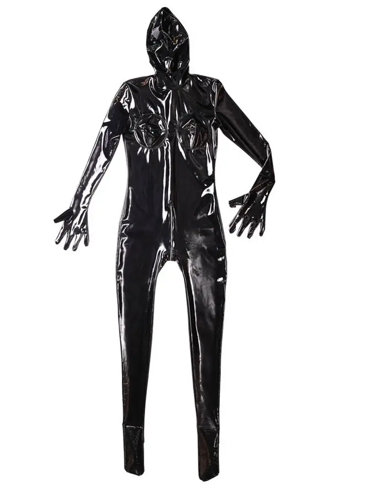 PVC Catsuit PU Leather Zipper Open Crotch Bodysuit Tights Coat Zentai Finger Bodystocking Leotard