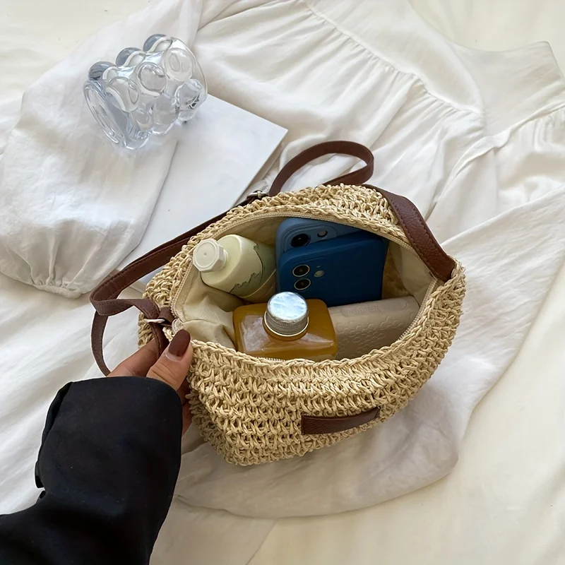 Summer Rattan Crossbody Bags for Women Saddle Straw Woven Shoulder Bag, Handmade Knitted Lady Small Handbags, Vacation Beach Bag