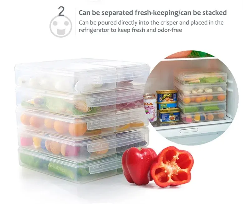 3 Grids Food Storage Box Container Fruit Vegetable Refrigerator Freezer Organizers Sub-Packed Meat Ginger Kitchen Accessories