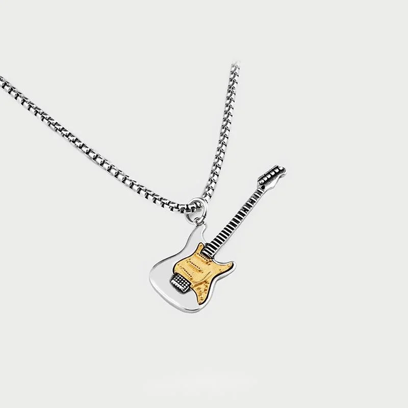 Collana con chitarra in acciaio e titanio argentato alla moda, stile punk femminile, personalità, versatile, alla moda, design di nicchia, catena per clavicola_voghion.com