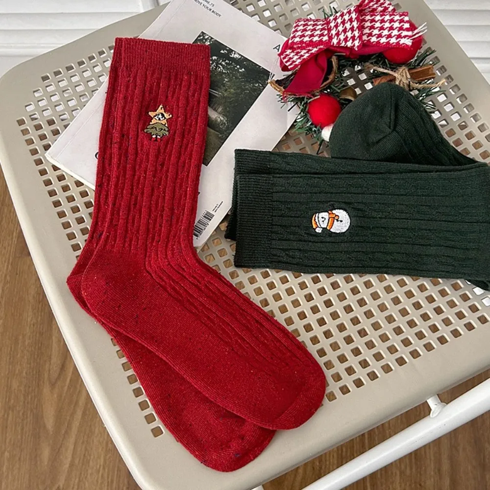 Cotton Christmas Socks for Women with Snowman Embroidery