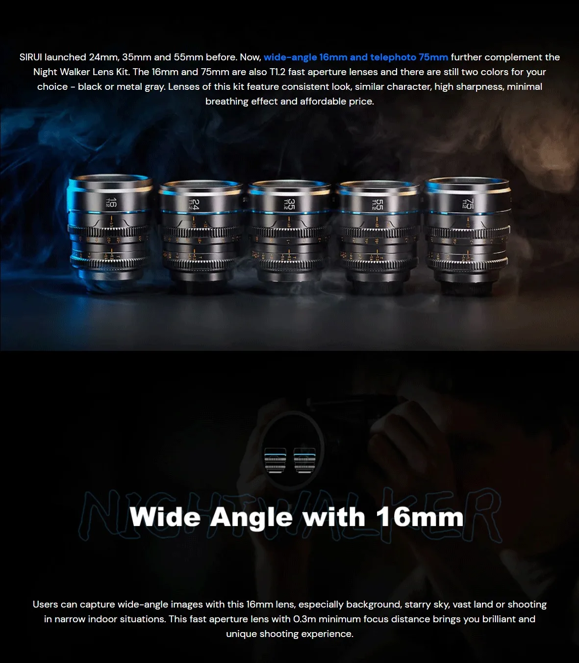 SIRUI NightWalker Series 16mm 24mm 35mm 55mm 75mm T1.2 Cine Lens for Sony E FX3