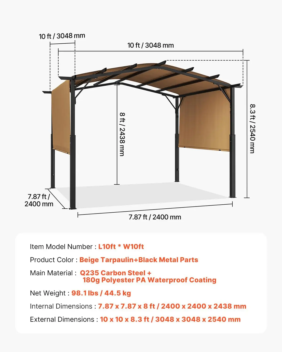10 x 10 ft Outdoor Pergola, Arched Top Metal Pergola, Retractable Pergola with Sun Shade Canopy, Large Patio Shelter Pavilion