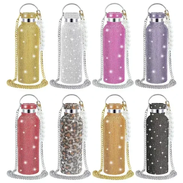350/500/750/1000ml Luxury Rhinestone Thermos Bottle 2pcs Chain Portable Water Bottle Double Wall Stainless Steel Thermal Flask 3