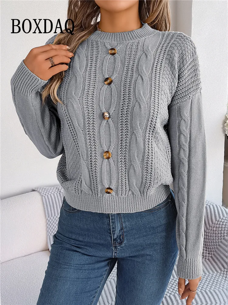 

Womens Autumn Winter Knit Sweaters Solid Color Long Sleeve Button Loose Sweater Streetwear Casual Pullover Knitted Jumpers Tops