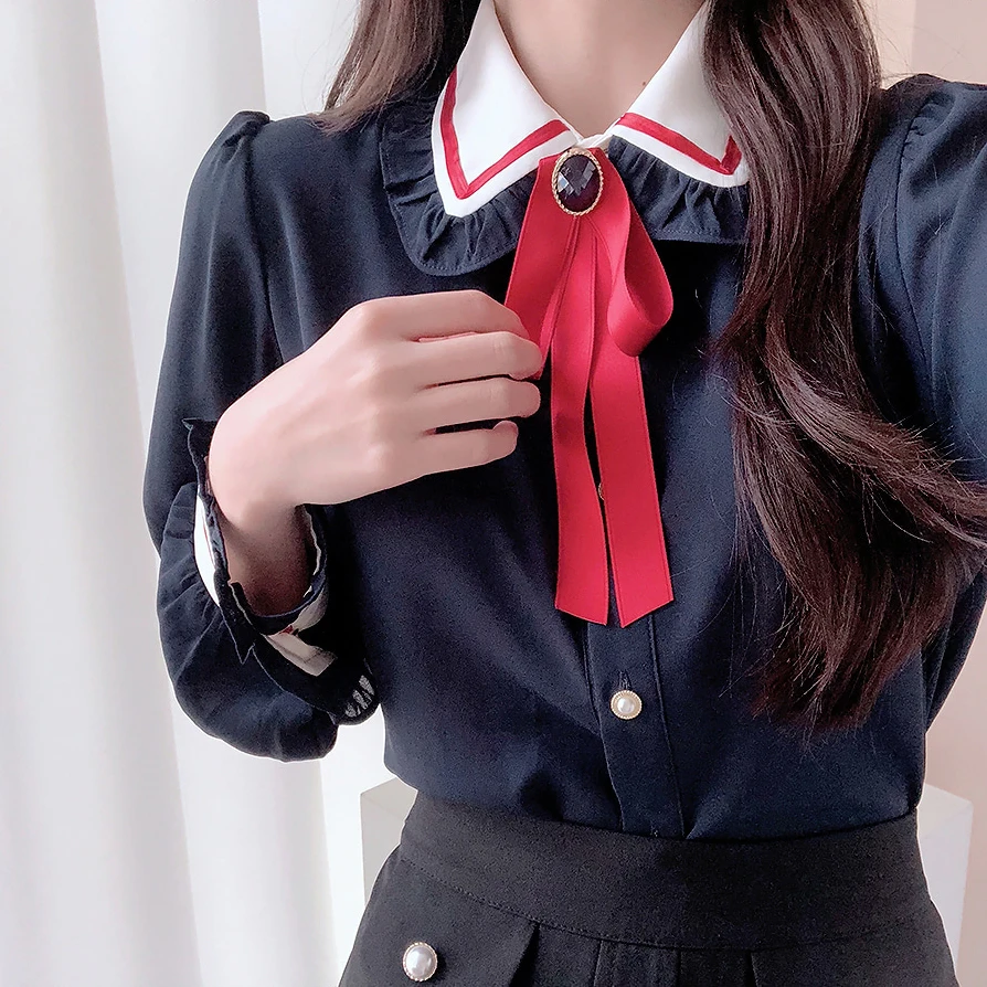 Korean Fashion Casual Lace Up O-neck Ruffled Hem Summer Bow Puff Sleeves Office Lady Shirt Blouse
