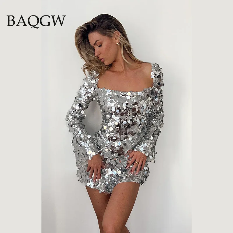 

Spring New Fashion Sequined Patchwok Designer Dresses for Women Elegant Long Sleeve Sexy Backless Glitter Party Club Mini Dress