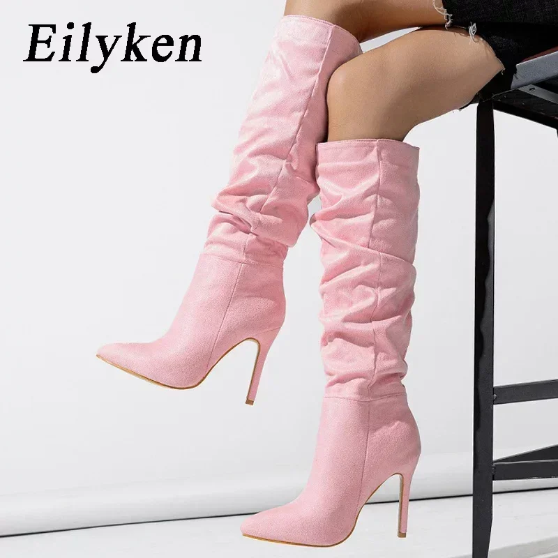 

Eilyken Autumn Winter Fashion Pleated Pointed Toe Women Knee-High Boots Fashion Modern Long Booties Thin Heels Female Shoes