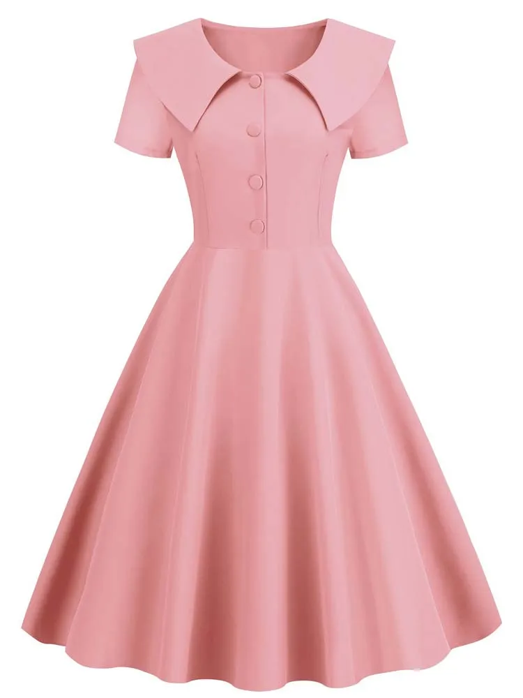 Vintage 50s High Waist Pleated Midi Dress for Women Elegant Peter Pan Collar Solid Sundress for Party 5