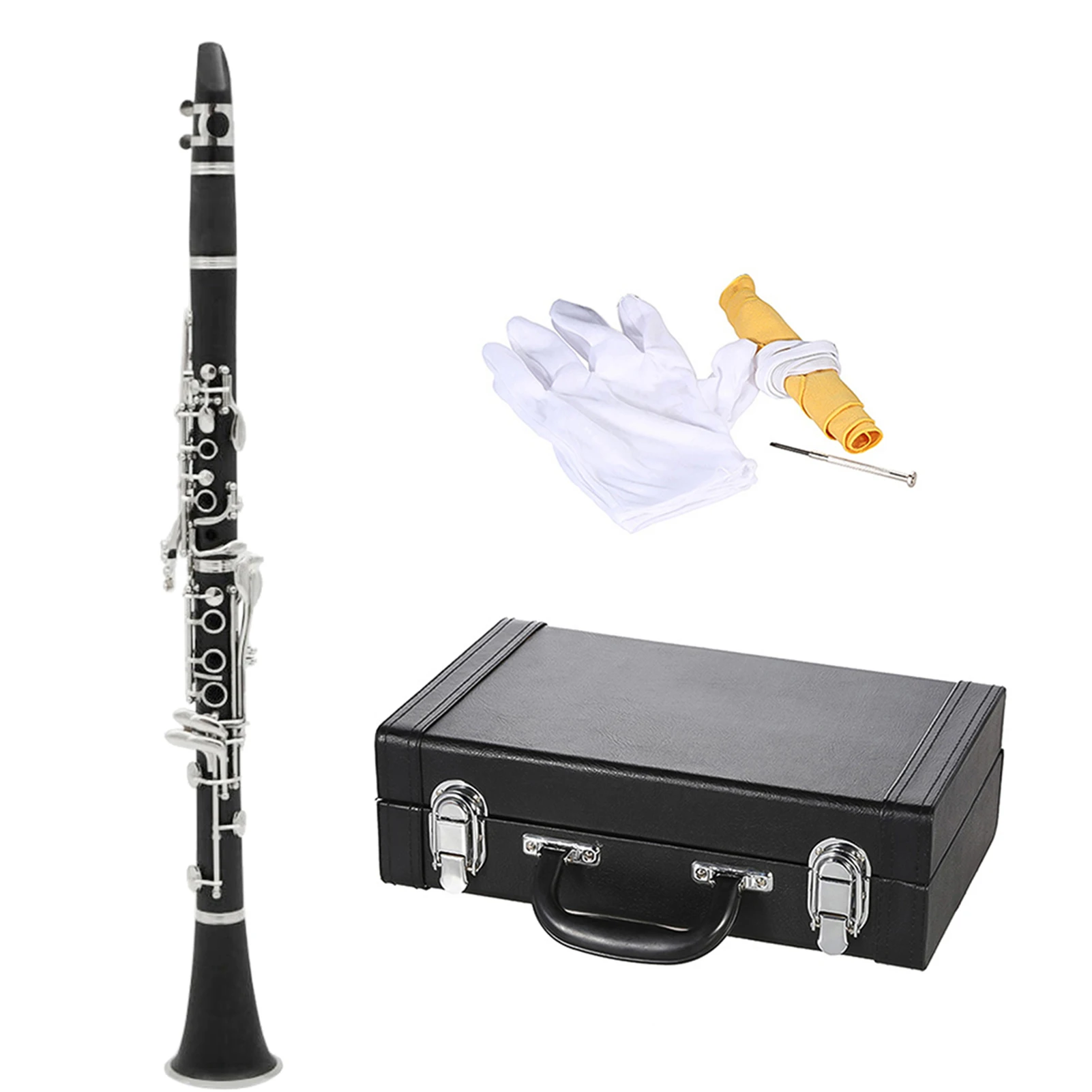 ABS Clarinet Bb Cupronickel Plated Nickel 17 Key with Cleaning Cloth Gloves Screwdriver Woodwind Instrument Gift for Beginner