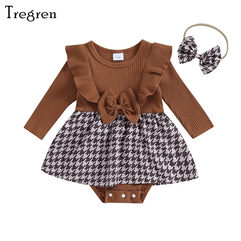 

Tregren 0-18M Newborn Baby Girl Romper Long Fly Sleeve Houndstooth Print Skirt Romper with Headband 2pcs Set Infant Fall Clothes