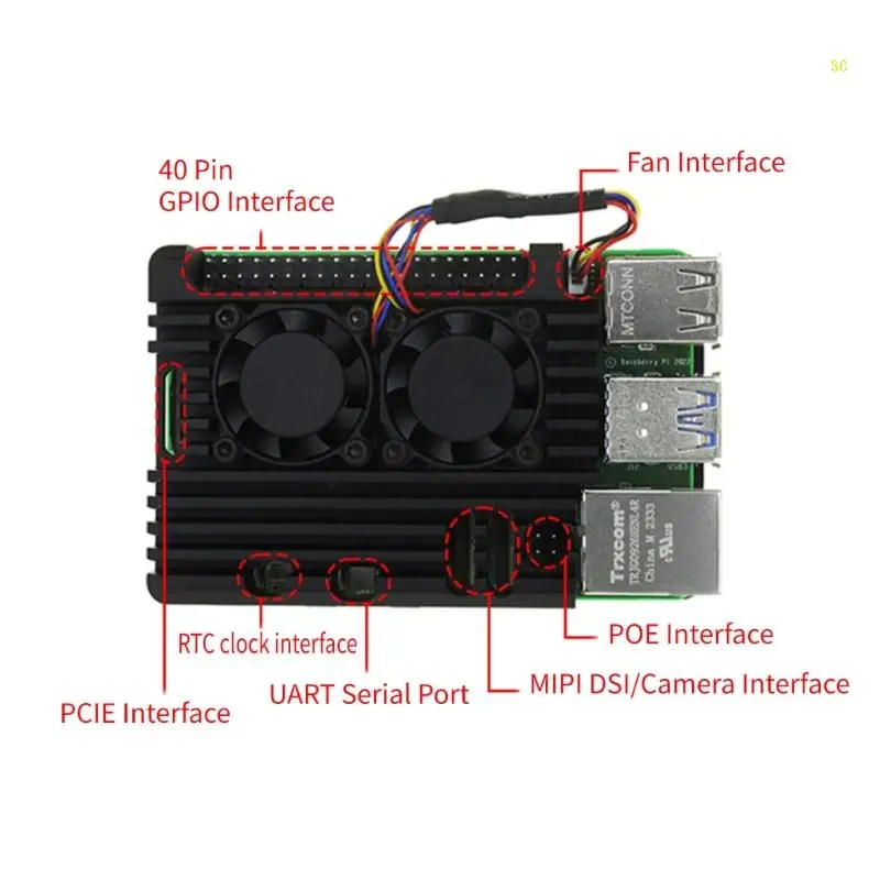 

Корпус из алюминиевого сплава, корпус с оптимальным рассеиванием тепла, дополнительные вентиляторы радиатора для корпуса RPI5,