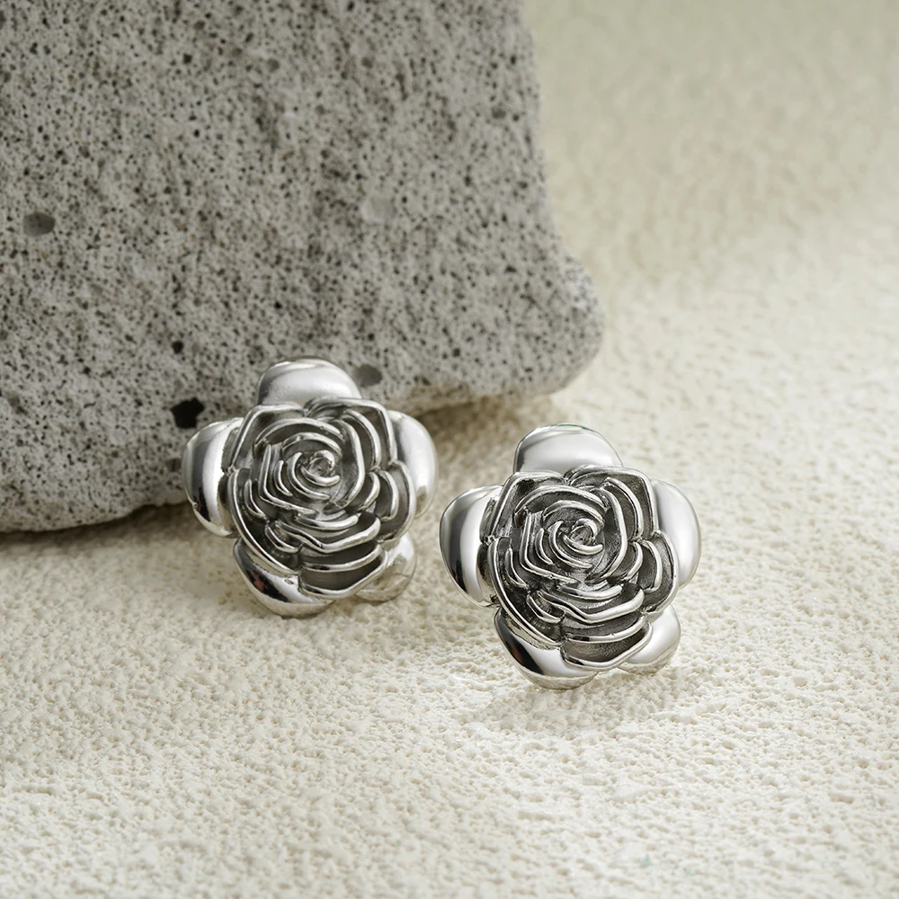 18K Gold Plated Vintage Multilayer Petals Metal Flower Stud Earrings Women Rust Proof 3D Roseflower Studs Bijoux Stylish Aretes
