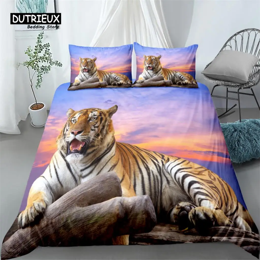 

Sunset Tiger 3d Duvet Cover Set, Fashion Bedding Set, Soft Comfortable Breathable Duvet Cover, For Bedroom Guest Room Decor