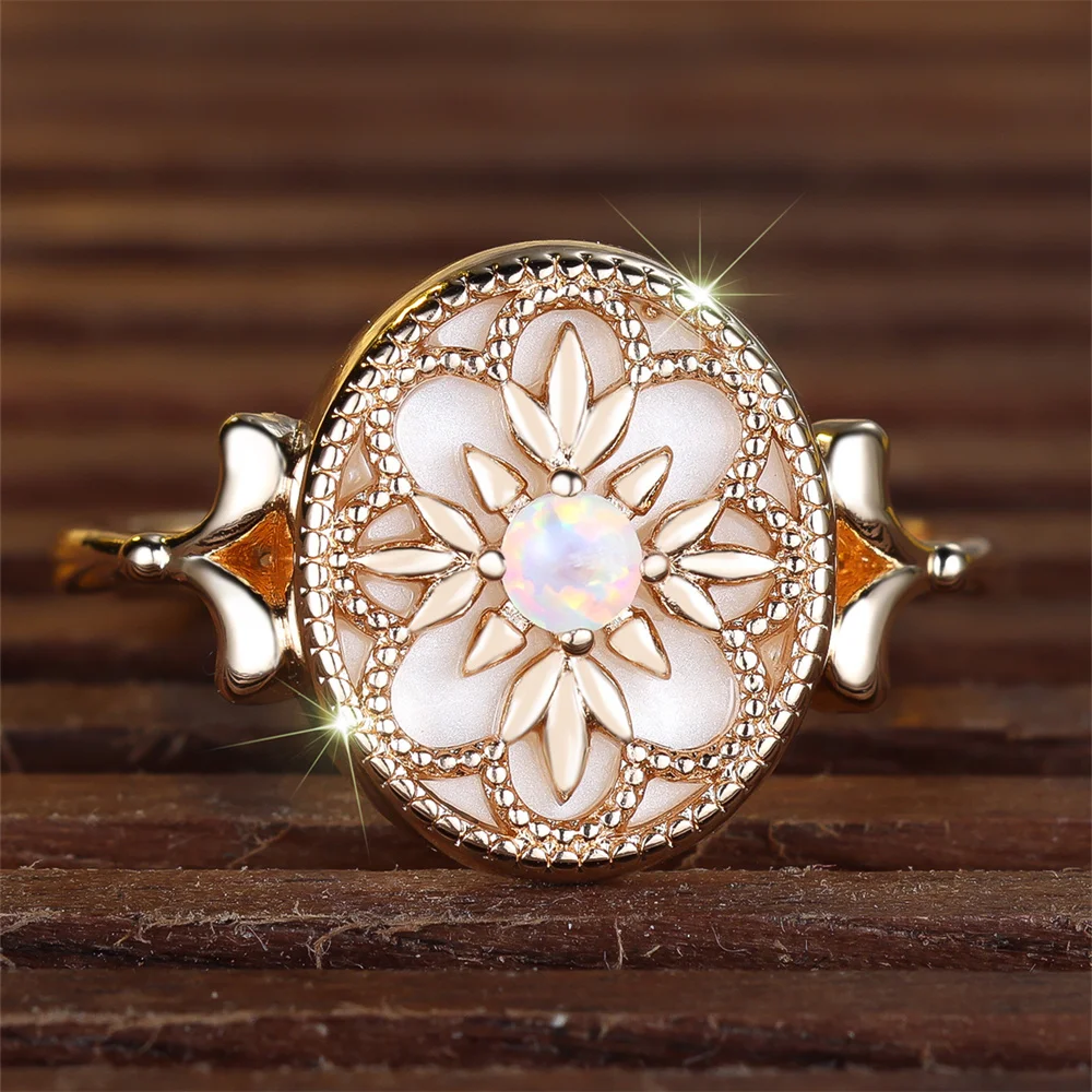 Trendy Flower White Opal Round Stone Rings For Women Vintage Gold Color Engagement Bands Wedding Jewelry Bridal Versatile Gifts
