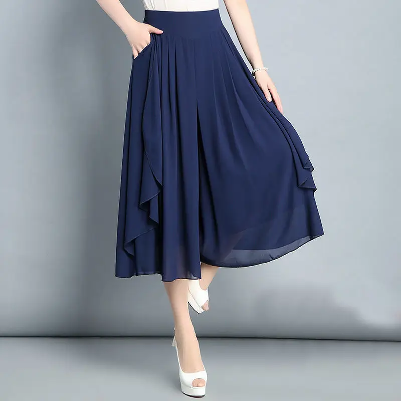 

Summer Chiffon Wide Leg Pants Women Boho Style Loose Calf-Length Pants 2022 High Waist Elastic Leisure Pant Skirts Oversized