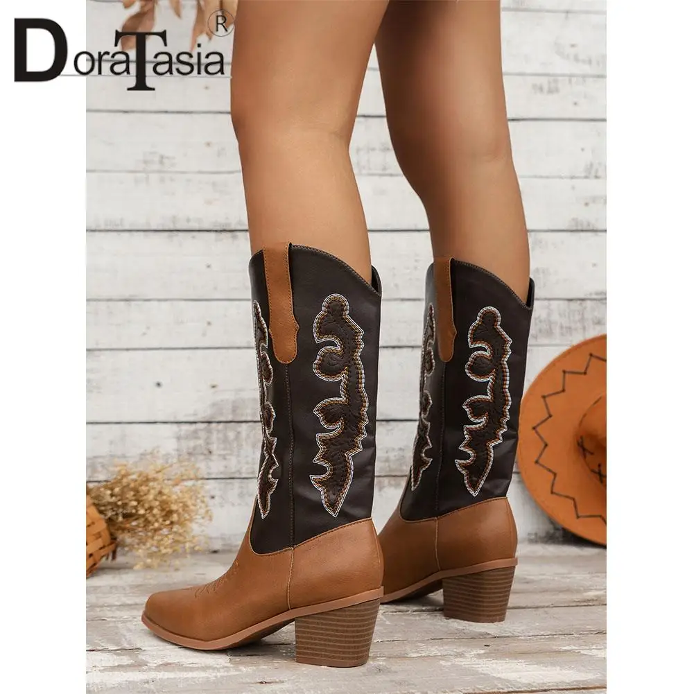 Brand New Ladies Mixed Colors Western Cowboy Boots Fashion Embroider Chunky Heels women's Boots Autumn Winter Woman Shoes