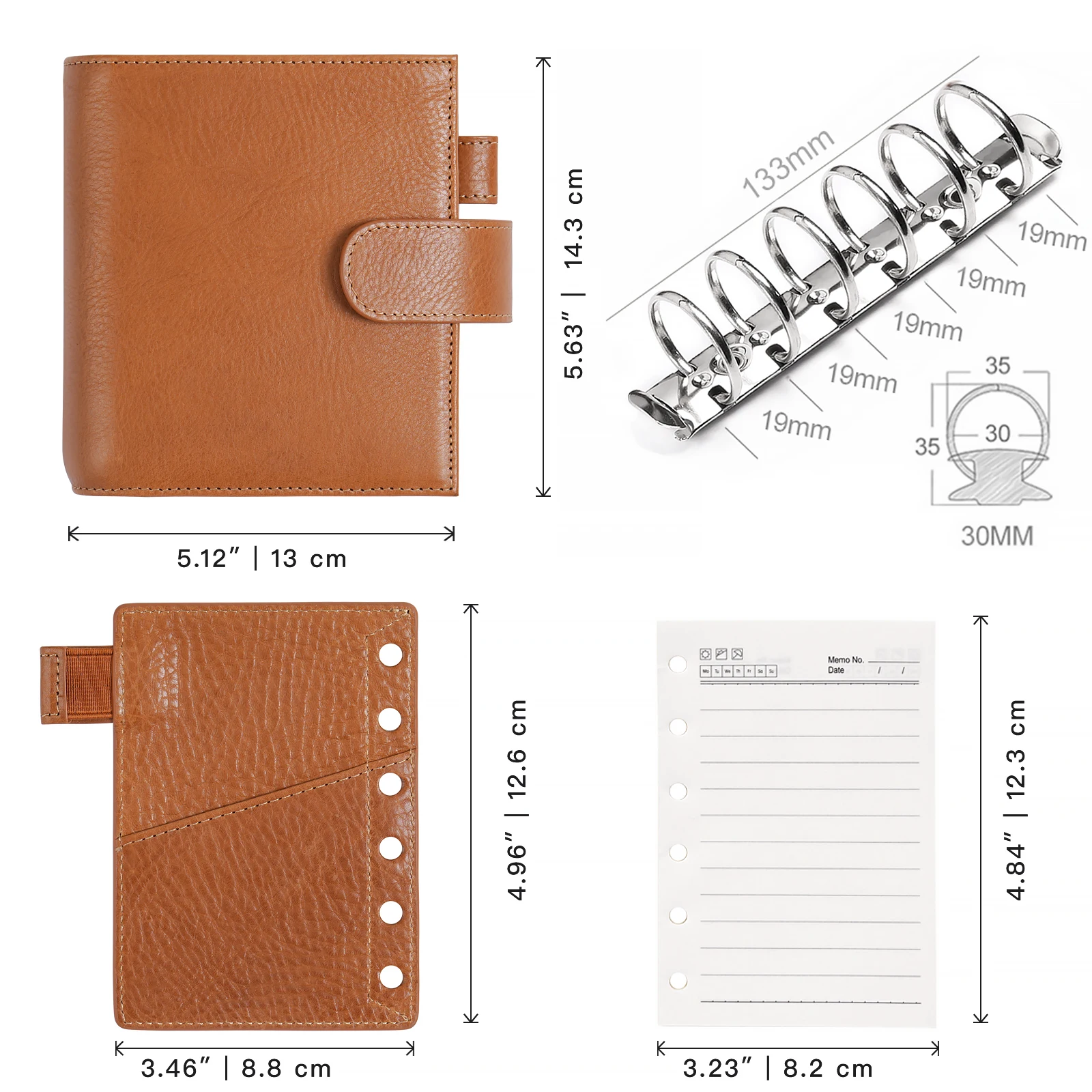 Moterm Full Grain Veg Tan Leather Pocket Luxe 2.0 Rings Planner A7 Notebook with 30MM Rings Agenda Organizer Diary Journal 2