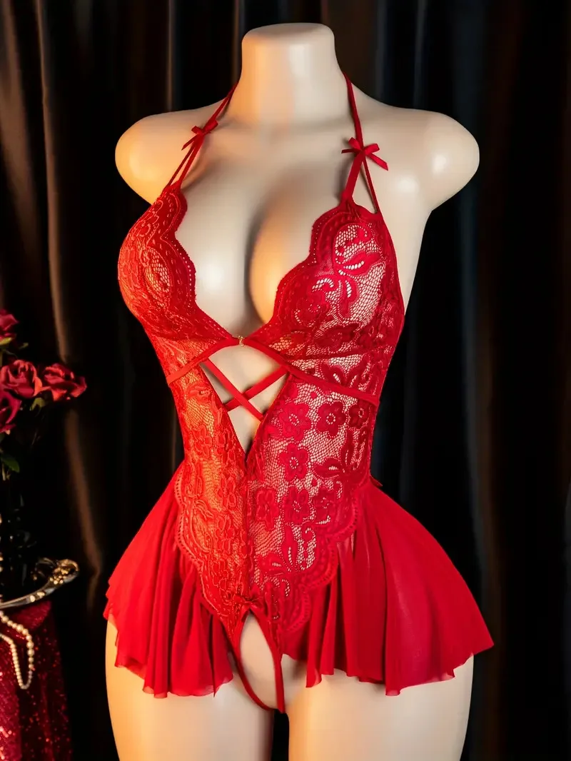 HeartCaptor Women Red V-neck Transparent Teddy Bodysuit Lace Lingerie Nightwear - Details 3