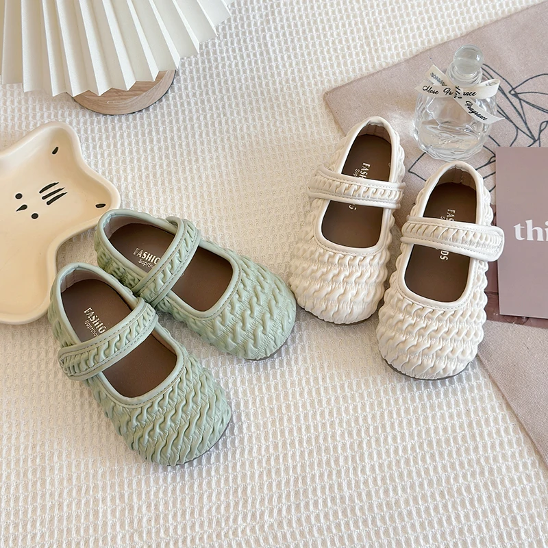 Girl's Princess Shoes Pleated Green Beige Soft Pu Leather Children Flat Shoe Daily Spring Morden Hook-loop Kids Mary Janes