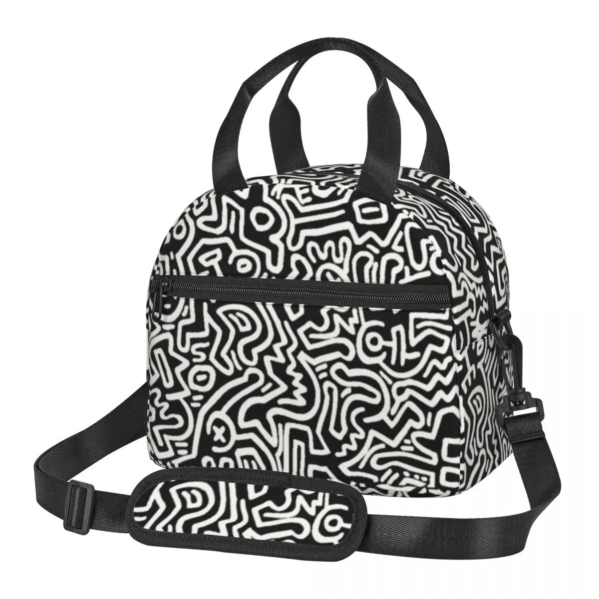 

Keiths Haring Pattern Black And White Insulated Lunch Bag for Women Graffiti Cooler Thermal Bento Box Office Picnic Travel