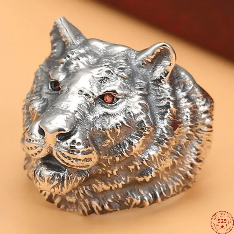 

S925 sterling silver rings 2022 new fashion simple wide tiger head zircon adjustable Ark Viking jewelry for men women
